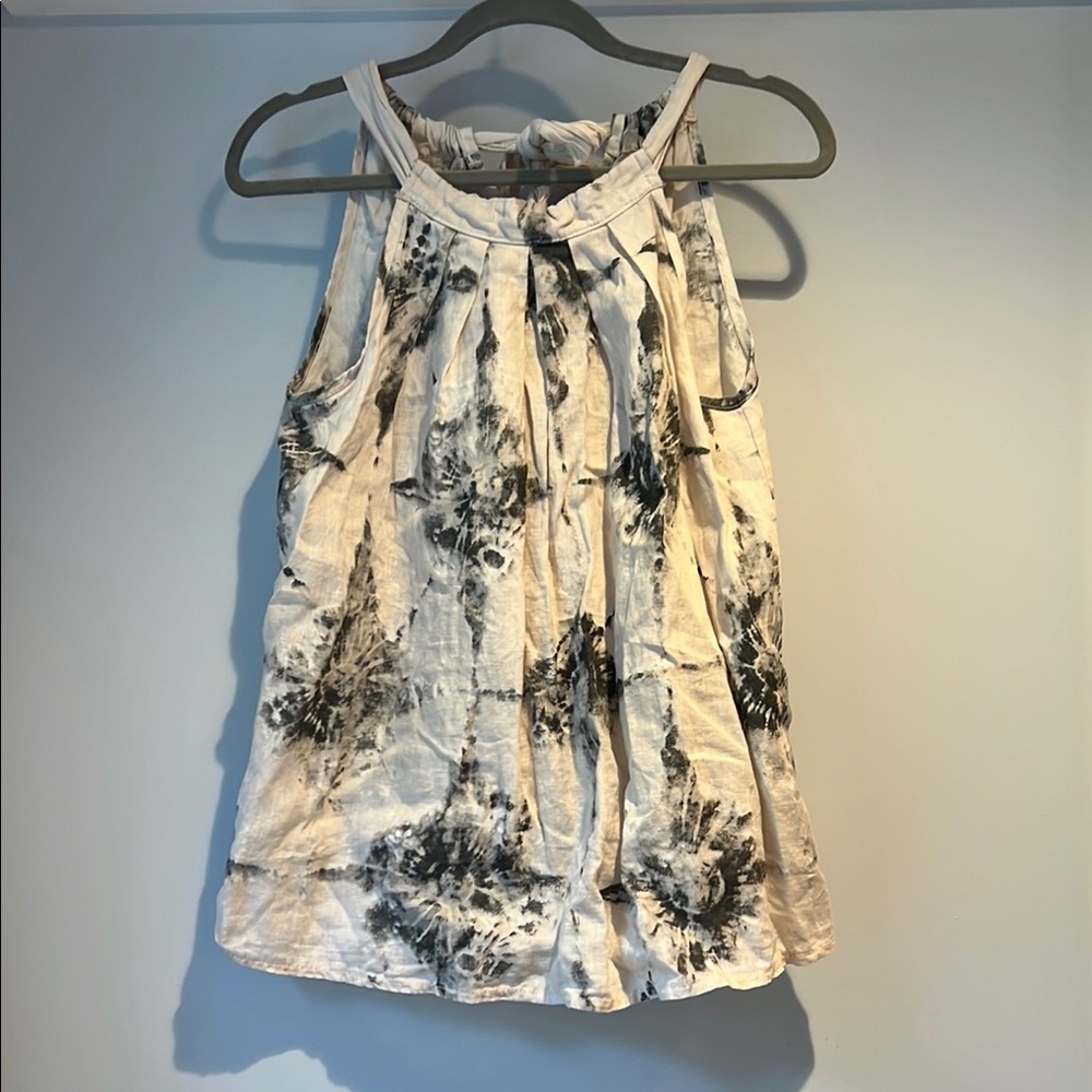 Charcoal and Cream Ruched Sleeveless Linen Top ~ Made in Italy